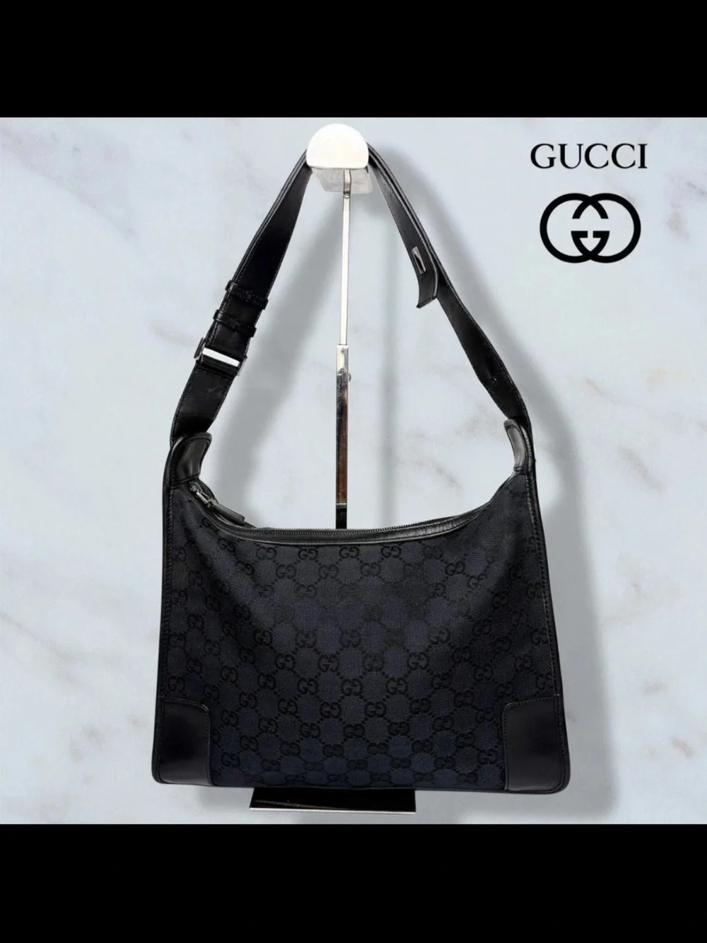 Gucci Black GG Canvas Messenger Bag with Adjustable Strap